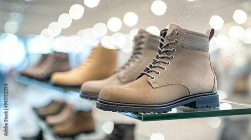 Close-up of beige leather lace-up boots displayed on a glass shelf in a modern footwear store, with additional boots blurred in the background.