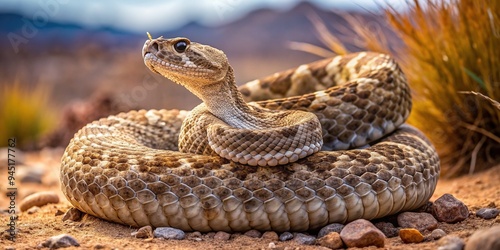 Coiled western diamondback rattlesnake displaying menacing posture, raised body, and vibrating tail, blending into arid desert terrain with rocky outcroppings and scarce vegetation.