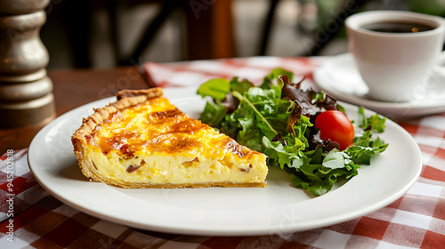 Classic French Bistro A slice of Quiche Lorraine served on a simple white plate with a side of mixed greens, set on a checkered tablecloth in a cozy French bistro