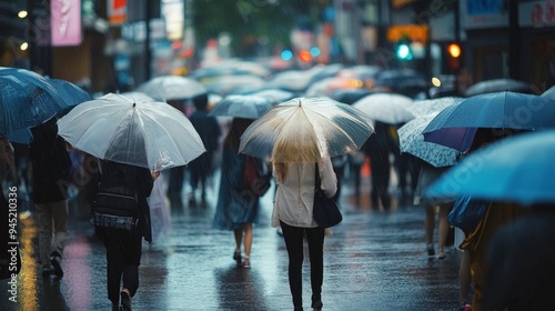 A bustling city scene with people walking under umbrellas in the rain.