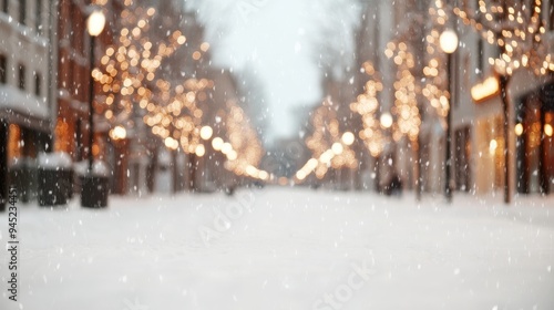 Snowy winter street with glowing string lights and falling snowflakes