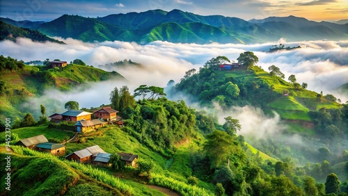 5. Majestic green hills of Chittagong Hill Tracts, covered in mist and fog, with villages nestled in the valleys, a realistic photo image.