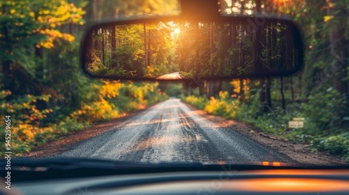 Forest Road Through Rearview Mirror