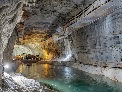 Workers in a salt mine mining and extracting salt from underground tunnels in the earth.