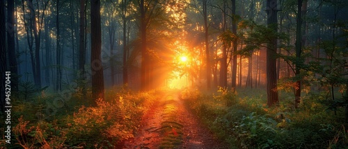 Enchanting Forest Path Aglow in Sunset Light