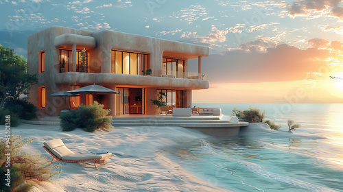 luxurious, modern stone villa built into a rocky hillside. The structure features large, open glass windows and a sleek infinity pool reflecting the warm lights emanating from the villa.