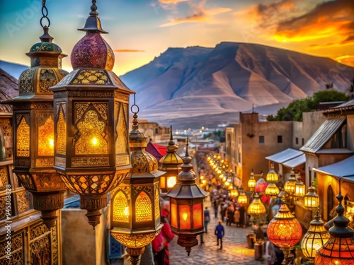 Warm candlelit lanterns dot ancient Agadir streets, as golden evening sun spills onto bustling souks, vibrant textiles, and ornate architecture, with majestic mountain silhouette.