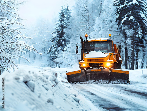 Winter storm aftermath; snowplow clears road, leaving a path of cleared snow in its wake.