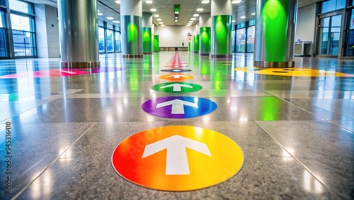 Floor stickers with bold arrows and bright colors indicate designated standing areas, maintaining a safe physical distance, in a modern, sleek, and well-lit indoor environment.