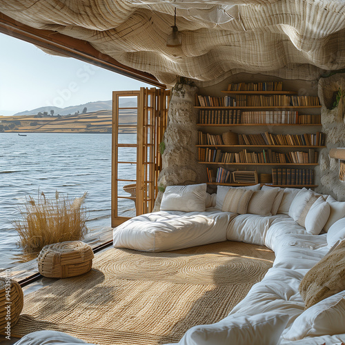 A serene and cozy reading nook designed with natural elements. The space is located by a lake, with large, open views of the water and surrounding landscape. 