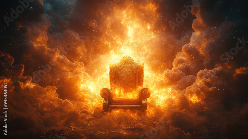 A vivid image of the golden throne and Jesus Christ second coming, with a celestial background and divine light representing the core concepts of Christian faith.