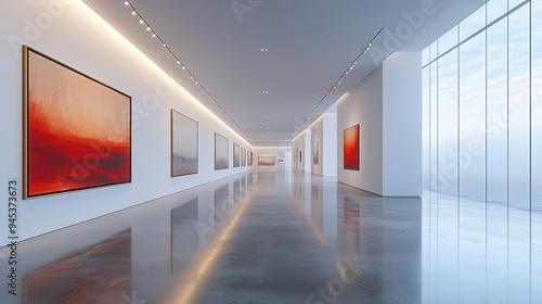 contemporary art gallery interior minimalist white walls carefully curated paintings subtle lighting sleek design elements