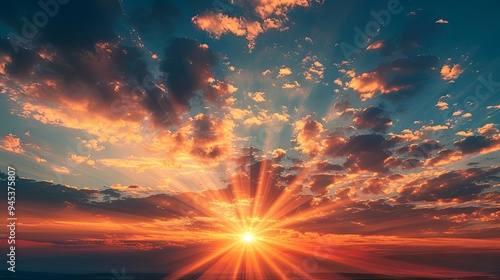 Sunset with sunrays fading behind clouds in the backdrop, perfect for copy space image