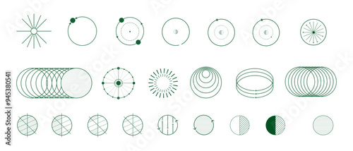 Green scientific diagrams, orbital mechanics, electromagnetic waves, and gravitational interactions. Concepts in astrophysics and electromagnetism. Modern aesthetics, minimalist art. Vector design