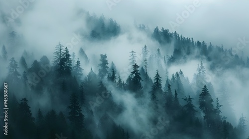 Haunting Fog Shrouded Mountain Forest Landscape with Mysterious Silhouetted Trees