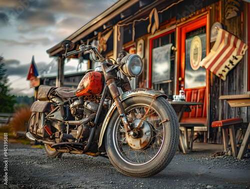 Retro motorcycle parked in front of classic diner on a sunny day, nostalgic vibes.