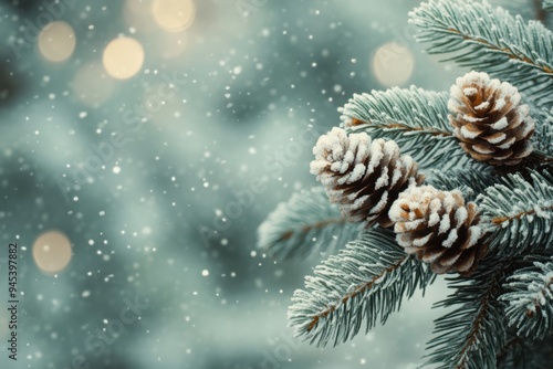 Frosted pine branch with pine cones, capturing winter tranquility.