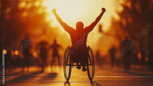 A wheelchair athlete celebrates victory with arms raised in the air during a race at sunrise.