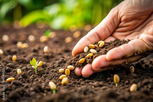 hand hold garden soil with seed for sowing