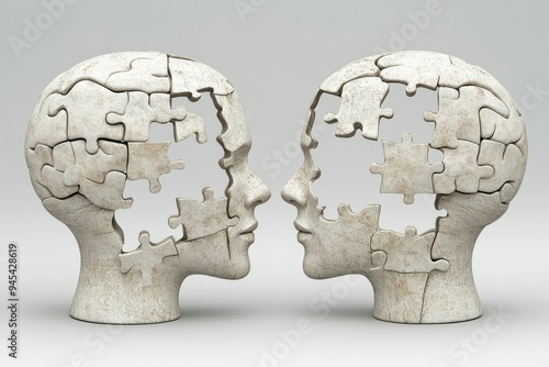 Abstract Sculpture of Two Human Heads with Puzzle Piece Cutouts Representing the Cognitive Connection and Interplay Between Thoughts and Memories in a Monochromatic Setting