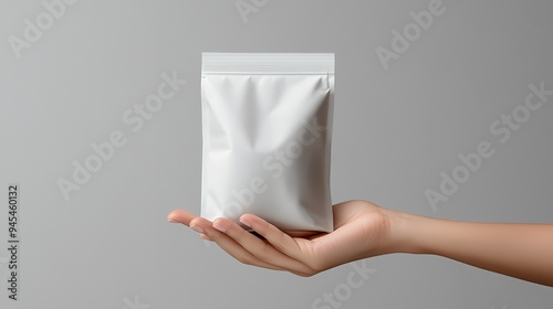 A hand holds a plain white packaging pouch against a neutral background.