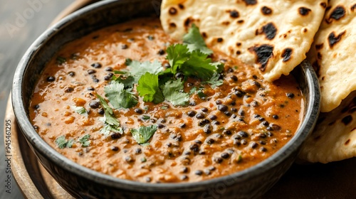 A bowl of dal makhani with black lentils simmered in a rich, creamy sauce, served with naan