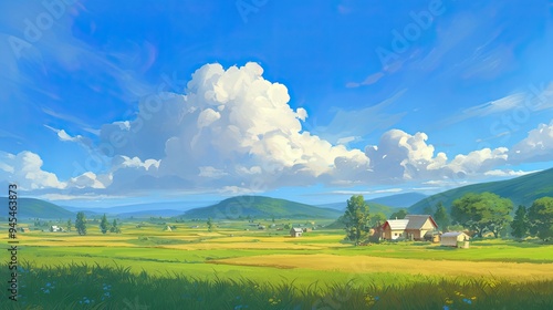 Animated sky with rolling thunderclouds above a tranquil farm landscape featuring fields, barns, and a distant mountain range