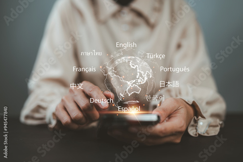 Language course and e-learning, Translator app, concept. Women use smartphone with Translator app, translation or translate on the mobile app worldwide language conversation speaking concept.