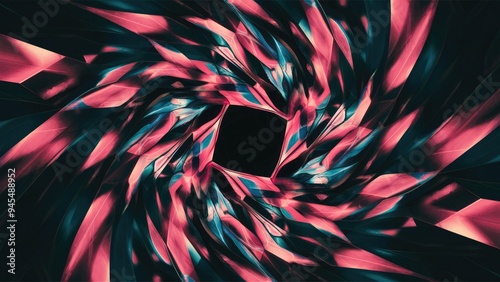 Vibrant Kaleidoscopic Shapes on Dark Background: Abstract Concept of Movement and Energy in Digital Art.