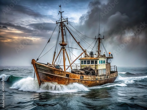 Rugged commercial fishing trawler vessel navigates through rough grey misty morning seas, its rusty hull and worn nets a testament to its hardworking marine industry heritage.