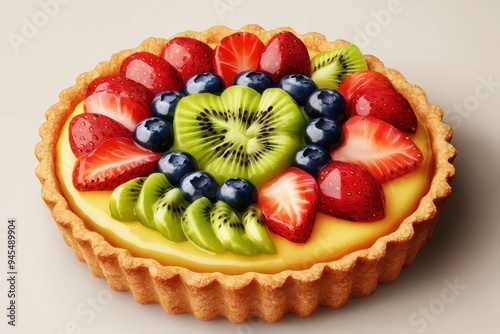 A colorful fruit tart topped with strawberries, blueberries, kiwi, and a creamy filling.