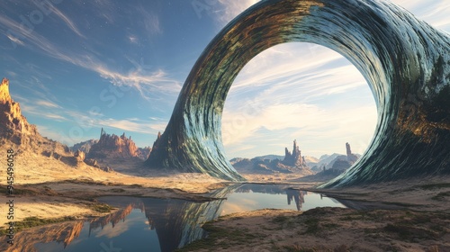 This image features a surreal alien landscape with a colossal, curved arch rising from the ground, set against a dramatic sky, blending elements of fantasy and otherworldly exploration.