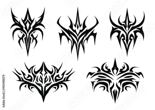 Vector set of abstract ethnic Maori or Polynesian neo tribal trendy y2k ornament shapes. Gothic futuristic graphic tattoo elements collection