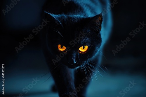 Black cat with orange eyes in the background of lights