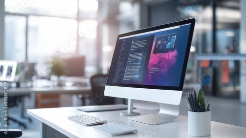 Modern computer display on an office desk with a web design studio concept page. Web design company presentation