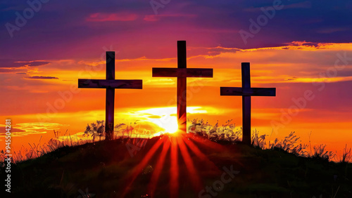 Three empty crosses on Golgotha at sunset in a cartoon style, depicting a dramatic and colorful biblical scene new stock image illustration AI