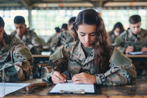 Cadets take test in military academy Male and female military cadets take test or take notes during a class at a military academy.