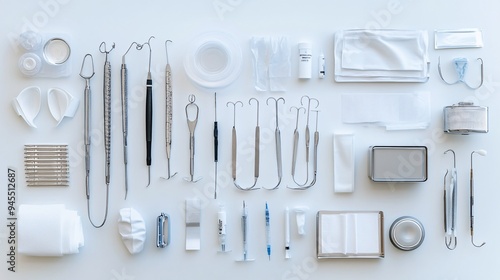 Top view of surgical equipment neatly arranged on a white sterile field ready for use