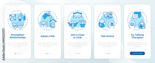 Reduce loneliness approaches blue onboarding mobile app screen. Walkthrough 5 steps editable graphic instructions with linear concepts. UI, UX, GUI template. Montserrat SemiBold, Regular fonts used