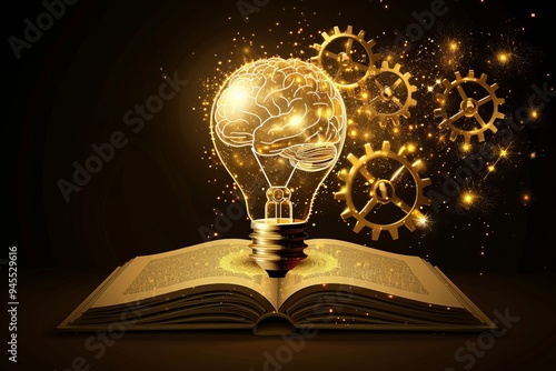 Golden Brain In Light Bulb With Gears On Open Book , Knowledge And Creativity Concept