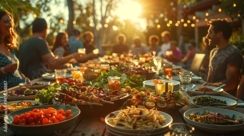 A family gathers around a large table filled with barbecue food. Everyone is eating their favorite grilled food and fresh salads.