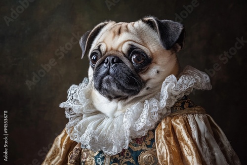 A pug dressed in an opulent Renaissance outfit with a rich, textured background, this portrait embodies elegance and time-honored artistry reminiscent of the old masters.