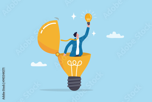 Discover insight or intelligence solution, best result or outcome, solving or finding solution, search new innovation, opportunity or invention, research concept, businessman find new lightbulb.