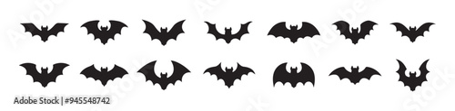 Halloween black bat isolated silhouettes holiday horror, vector cartoon icons. Flying vampire bat silhouettes for Halloween and trick or treat party scary and spooky decoration