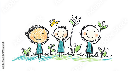 A whimsical hand-drawn illustration of three happy children holding plants, celebrating nature and life in a joyful scene.