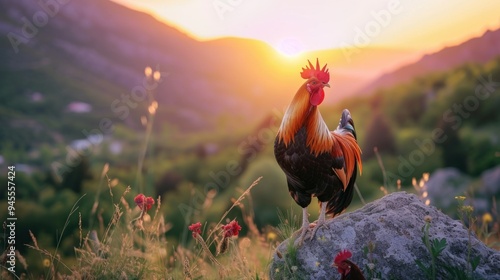 Rooster on blurred beautiful sunrise sky with sun light in farm autumn background