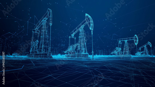 Polygonal abstract panorama of oil extraction. Pumpjacks at an oil field extracting petroleum from below the Earth's surface. Rendered in a low-poly wireframe vector illustration.