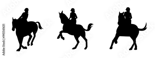 silhouette set of horse and jockey with action, poses. equestrian sport, horse racing. vector illustration.