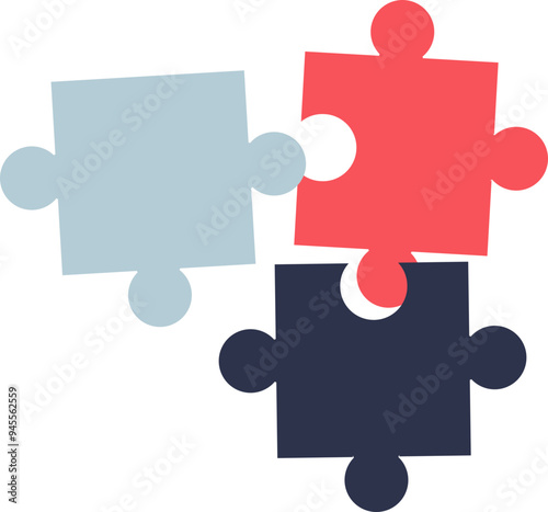 Three interlocking jigsaw puzzle pieces in red, blue, and yellow, symbolizing connection and teamwork.