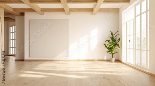 Une grande pièce vide lumineuse avec mur blanc, poutres en bois au plafond et sol en parquet clair, plante verte en décoration.